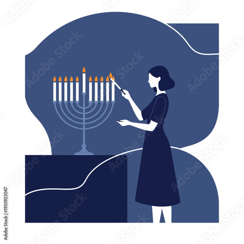 Woman Lighting Hanukkah Candles On Menorah Celebration Religious Ritual