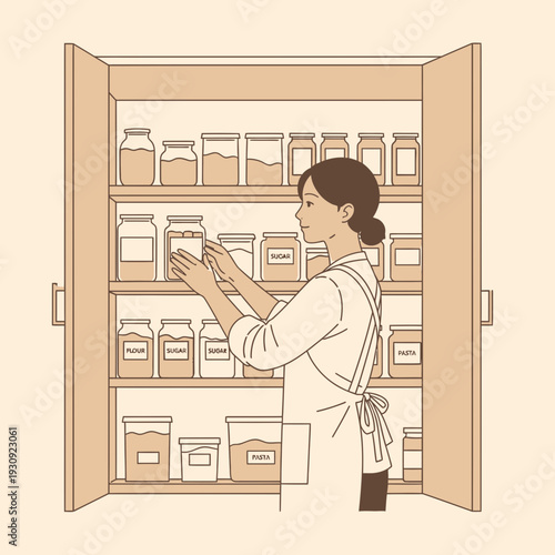 Woman Organizing Pantry Shelves Filled With Jars And Containers