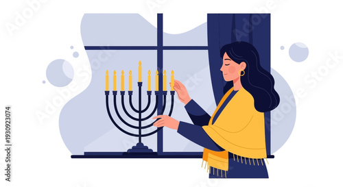 Woman Lighting Menorah Candles Beside Window During Hanukkah Celebration