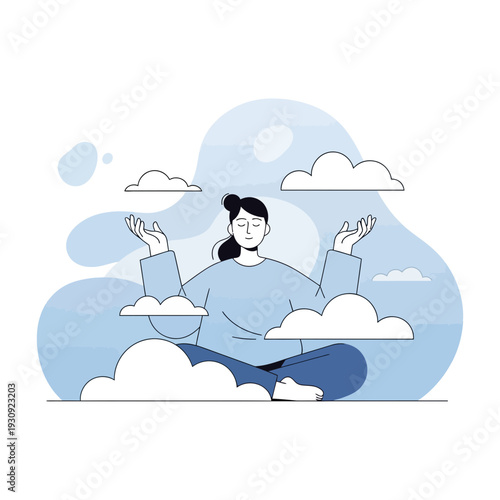Woman Meditating Amidst Cloudscape Illustrating Serenity and Inner Peace for Conceptual Design