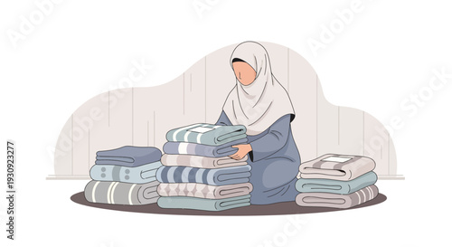 Woman Neatly Folding Textiles While Sitting and Surrounded by Freshly Cleaned Fabrics