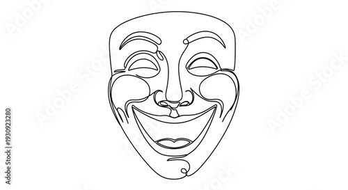 Continuous Line Drawing of a Joyful Theater Mask, Expressing Laughter and Happiness