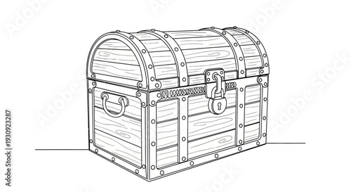 Vintage Treasure Chest Sketch - Antique Wooden Box with Lock