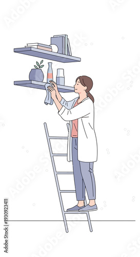 Woman on a Ladder Dusting Shelves, Home Cleaning Routine, Minimalist Interior Design.