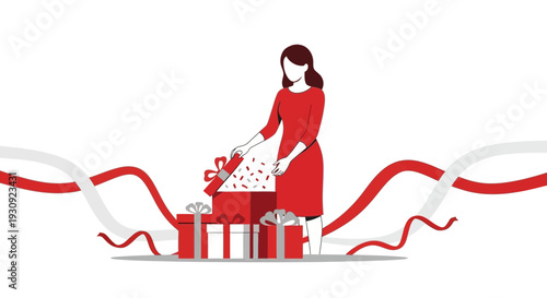 Woman Opening a Gift Box Surrounded by Decorative Ribbons and Presents