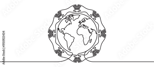 Hands encircling the globe in a continuous line art illustration representing global unity, community, and environmental care.