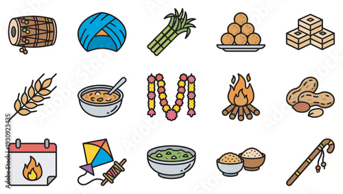 Lohri festival traditional elements and symbols are beautifully depicted in a vibrant collection of cultural icons for celebration.