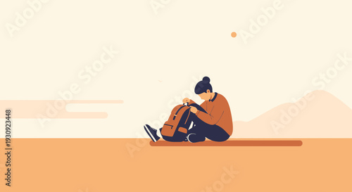 Woman Opening Backpack Outdoors with Abstract Mountains and Sun in Illustration