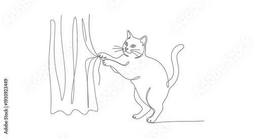 Minimalist Line Art Cat Playing with Curtain