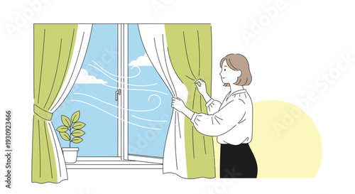Woman Opening Curtains To Fresh Breeze On A Sunny Day With Clouds Floating