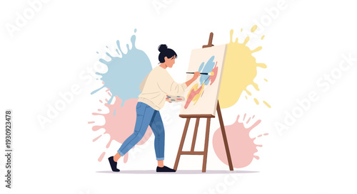 Woman Painting On Canvas Creating Abstract Art With Colorful Splashes And Strokes