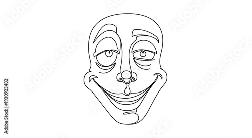 Funny Cartoon Face Outline Drawing, Smirking Expression, White Background