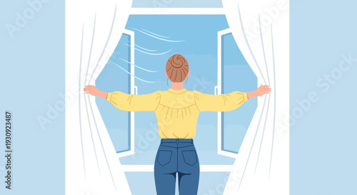 Woman Opens Window Letting In Fresh Air Breezes Refreshing Atmosphere