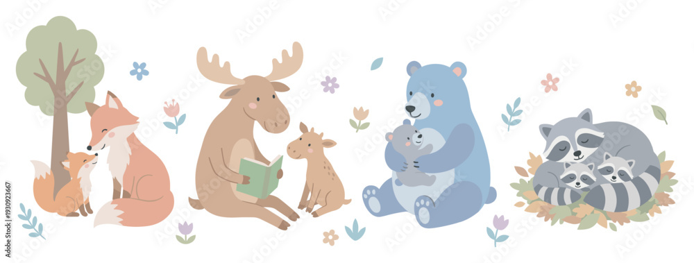 Obraz premium Woodland animals families illustrate heartwarming moments of love and care, depicted in a charming cartoon style, perfect for children's books and decor.