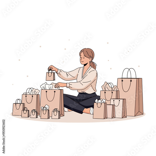 Woman Organizes Shopping Bags After Successful Retail Therapy Session