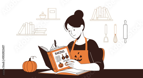 Woman Planning Halloween Baking Reads Recipe Book Smiling with Pumpkin and Kitchen Utensils