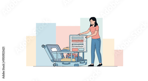 Woman Organizes Suitcase, Ready For Vacation or Weekend Trip, Packing Luggage Illustration