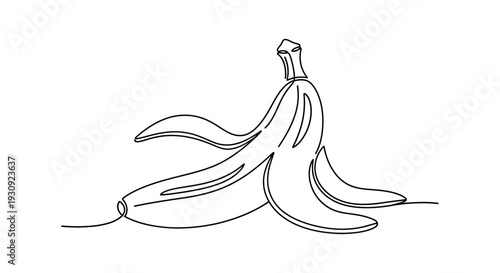 Minimalist single line drawing of a banana peel on a white background