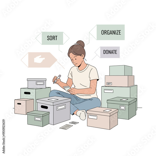 Woman Organizing and Sorting Boxes for Donation and Decluttering Lifestyle