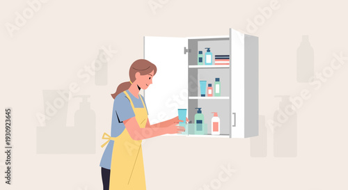 Woman Organizing Bathroom Cabinet Stocked With Toiletries And Personal Care Products