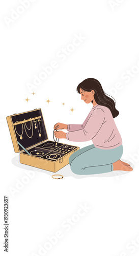 Woman Organizing Cherished Jewelry Collection In Decorative Case