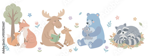Woodland animals families illustrate heartwarming moments of love and care, depicted in a charming cartoon style, perfect for children's books and decor.