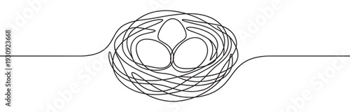 Bird's nest with three eggs is elegantly rendered in a single continuous line, symbolizing the warmth of home and new life.