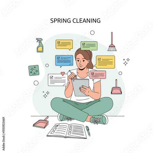 Woman Planning Spring Cleaning Tasks with Digital Tablet and Checklist for Home Organization