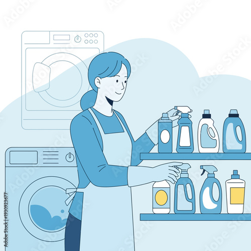 Woman Organizing Cleaning Supplies Next To Laundry Appliances Modern Illustration