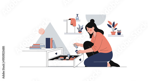 Woman Organizing Drawers With Books And Plants In Minimalist Room