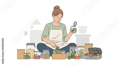 Woman Prepares Food: A Gentle Illustration of Healthy Eating and Food Preservation