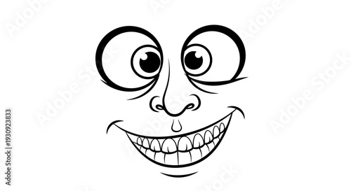 Funny Cartoon Face with Big Eyes and Wide Grin - Black and White