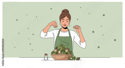 Woman Prepares Brussels Sprouts With Salt For Healthy Meal Preparation