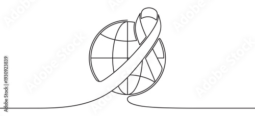 Continuous line drawing of a globe with an awareness ribbon wrapped around it, symbolizing global health support and unity.