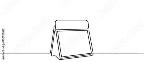 Desk calendar continuous line drawing illustration on white surface representing time management and scheduling concepts.