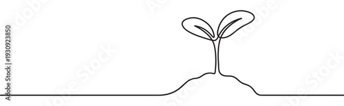 Minimalist continuous line art drawing plant sprout growing from soil mound symbolizing new beginnings and environmental sustainability.