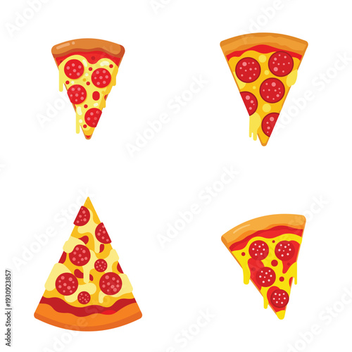 A slice of pepperoni pizza, flat design, single food illustration, vector artwork, white background, bold solid colors, minimal details.