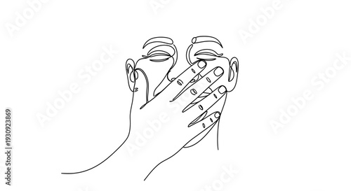 One Line Drawing Face Covered by Hand, Abstract Minimalist Portrait, Concept of Silence