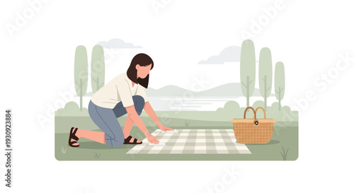 Woman Preparing A Lovely Picnic Scene Outdoors With A Basket And Blanket