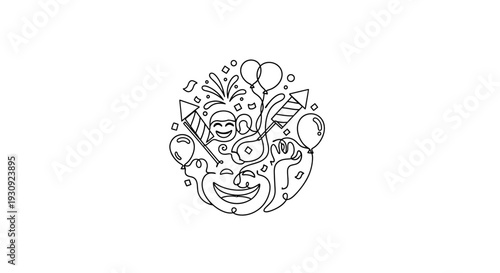 Celebration doodle art with fireworks, balloons and confetti