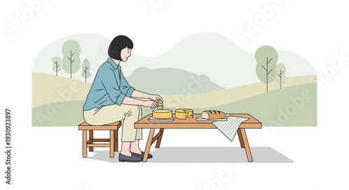 Woman Preparing Cheese And Bread For Outdoor Meal In A Scenic Landscape
