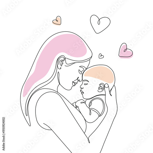 Line  art mother and baby, mom holding newborn with love heart symbols