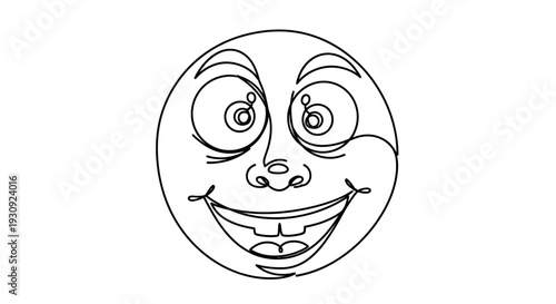 Funny Cartoon Face Drawing, Happy Expression, One Line Art