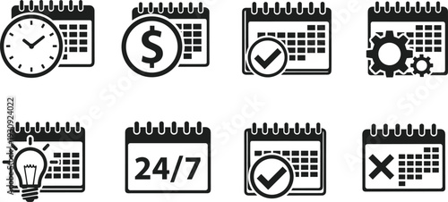 Black and White Calendar Icon Set for Business Management Featuring Schedule Planning, Financial Deadlines, Task Completion, Creative Ideas, Technical Settings, and Twenty Four Seven Support 