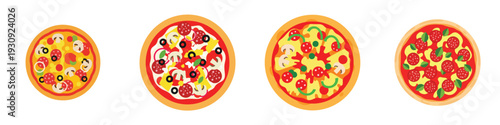 A pepperoni pizza, flat design, single food illustration, vector artwork, white background, bold solid colors, minimal details.