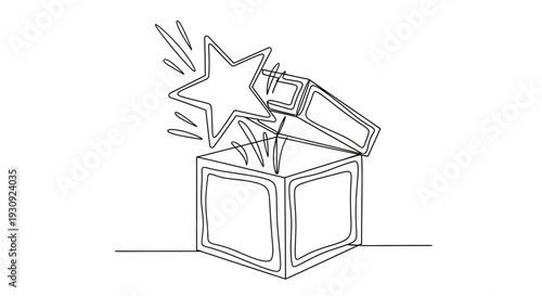 Surprise Star Bursting Out of Open Gift Box, Minimalist Line Art