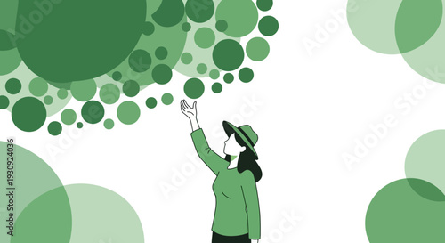 Woman Reaching For Abstract Green Bubbles Nature Inspired