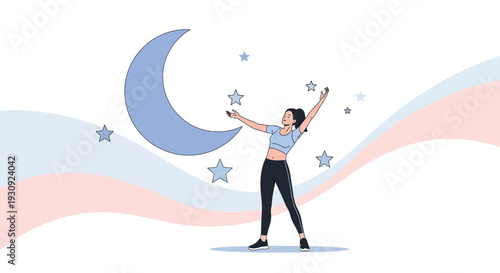 Woman Reaching For Stars Under A Crescent Moon