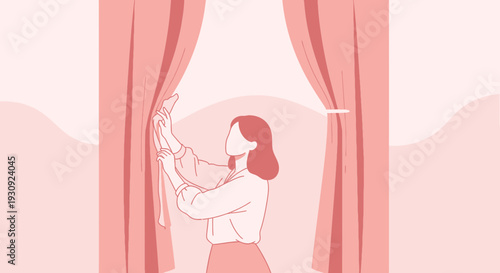 Woman Pulling Aside Pink Curtains Reveals Spotlight