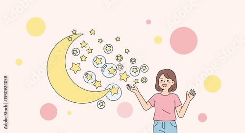 Woman Reaching For Dreamy Celestial Elements, Stars, Bubbles, Moon, and Delightful Ambiance